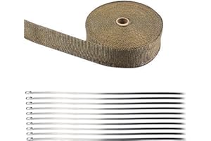 Arespark Thermal Exhaust Tape Gold Thermal Insulation Tape Made of Basalt Fibres with 10 Stainless Steel Clamps for Motorcycle and Car Exhaust Manifolds (10M)