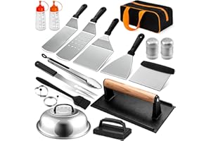 KOIUEYW Ustensiles Plancha, Accessoire Plancha Comprend Smash Burger, Cloche Plancha, Spatule Plancha, Kit Plancha Set Barbecue pour Teppanyaki Barbecue de Gril Camping, 18 Pièces