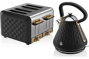 Swan Gatsby 1.7L Pyramid Kettle and 4-Slice Toaster Set in Black, Gold Accents, Diamond Pattern Design, Easy to Use, STP2084BLKN