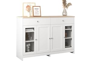 AZKOEESY Aparador de 120 cm de ancho, con 2 cajones y puertas de cristal, armario buffet, armario de cocina, archivador, color blanco y natural