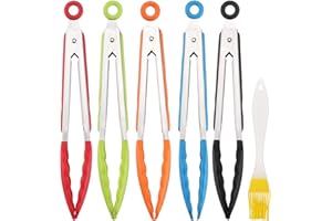 LIFREER Lot de 5 pinces de cuisine en acier inoxydable et silicone résistant à la chaleur pour barbecue, salade, buffet, gril de cuisine + 1 pinceau de cuisine - (6 pièces)
