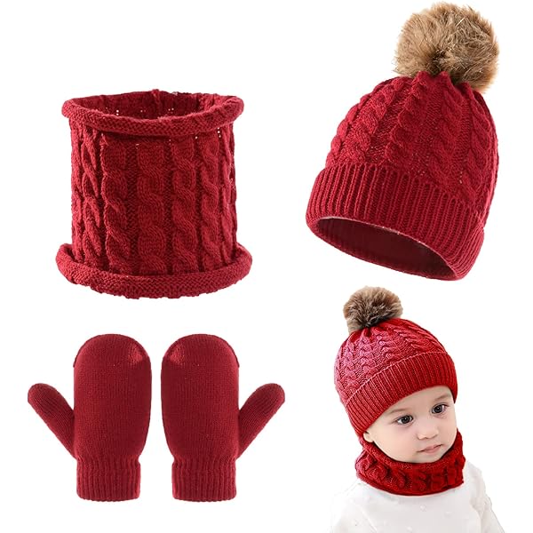 Bonnet Bebe Garcon Ensemble De Bonnet, U00c9charpe, Gants 3 En 1 Pour Enfants Bonnet Hiver En Tricot Thermique Avec Pompon, Tour De Cou Avec Doublure, Hiver Accessoires Set Pour Enfants Fille Garçon
