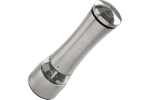 Stanley Rogers 56151 - Macinasale elettrico, macinapepe con meccanismo in ceramica regolabile, macinaspezie di alta qualità, resistente per sale, pepe e spezie (colore: argento/trasparente)