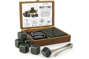 FLOW Barware - Set regalo in pietra di whisky in granito con pinze per ghiaccio | Cubetti di ghiaccio riutilizzabili in pietra di roccia per prevenire la diluizione di whisky e alcolici