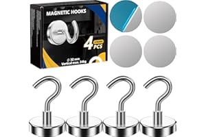 AOLLEN 4 Pezzi 32 MM Ganci Magnetici Extra Forti 34 KG Forza, Gancio Magnetico con 4 Pezzi Placche Metalliche Adesive, Magnete con Gancio Cucina, Frigorifero, Griglia, Crociera