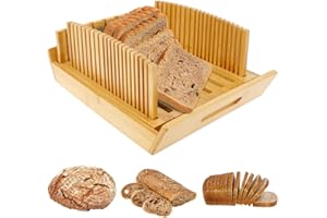 SHAOJIAN Bamboo Bread Slicer for Homemade Breads & Sourdough Rounds, Adjustable Large Wide Capacity Bread Slicing Guides with Crumb Tray, Compact & Foldable Loaf Cutter for Bagels & Breads