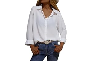 Zahala Battery Womens Button Down V Neck Shirts Chiffon Long Sleeved Loose Fit Blouse Summer Elegant Tops