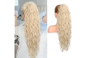 REECHO Pferdeschwanz Haarverlängerung, 66 cm Long Beach Gewellt Zugband Ponytail Extension Synthetischer Pferdeschwanz Haarteil für Frauen – Hellblond