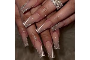 AGASAR 24pcs French Tip False Nails Long Coffin Press on Nails Glitter Gold Edge Press on Nails Glue-on Nails Removable Fake Nails Women Girls Nail Art Accessories