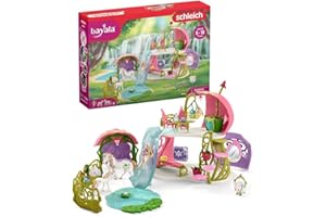 schleich 42445 Błyszczący dom kwiatowy z jednorożcami, jeziorem i stajnią, od 5 lat, BAYALA - Zestaw do zabawy, 60 x 40 x 33 cm