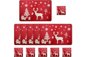 HongFuFu 12-Piece Christmas Placemats and Coasters Set, Red Reindeer Design