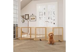Semiocthome Wood Dog Gates for The House Extra Wide, 6-Panel Freestanding Pet Gates with 4PCS Metal Stands for Doorways and Stairs, Foldable Dog Fences Indoor, Expands Up to 280cm /110" (W)- Natural