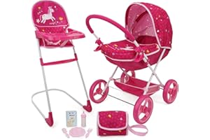509 Crew Doll Pram n Feed 8 Piece Combo Play Set, Classic Doll Pram, Doll High Chair, Diaper Bag, 5 Piece Feeding Toys, for Dolls 46cm, Pretend Play for Kids Ages 3+