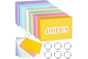 EKOCEV Cartes d'Étude Flashcards 400 Fiches, Cartes de Révision avec 3 Anneaux en Métal, Cartes d'Index Perforer pour l'Apprentissage du Vocabulaire Présentation au Bureau, 6 Couleurs