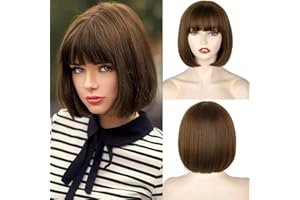 Creamily Short Bob Brown Straight Wig with Bangs for Women, Natural Straight Bob Synthetic Hair Wig for Girls, Brown Color Costume Cosplay Party Daily Use