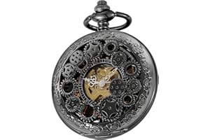 Tiong Vintage Mechanical Pocket Watch Steampunk Skeleton Unique Roman Numerals Men's Pendant with Chain Birthday Gifts Father's Day