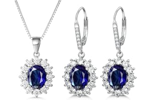 PRETTERY Sterling Silver Blue Sapphire Drop Earrings Necklace Jewellery Set for Women,Silver Pandent Necklace and Dangle Drop Earrings with Blue Cubic Zirconia