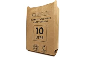 A&M Natural Living 50 x 10 Litre Paper Food Waste Caddy Bin Liners Bags, 100% Compostable And Biodegradable Sustainable Brown Paper Sack Pack, EN13432 Certified (50 Bin Bags)