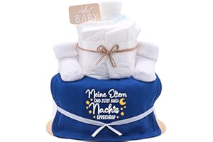 ‎TRENDMAMA Trend Mama® | Sprüche Windeltorte | Meine Eltern sind jetzt auch Nachts erreichbar| witziges Baby Lätzchen und niedliche Babysocken | Baby Party Geschenk (Royal Blau)