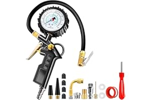 Anykuu Manomètre Pression Pneue Haute Précis 220 PSI Multifonctionnel Jauge de Pression Numérique avec 15 Accessoires Pistolet de Gonflage Air Portable pour Voiture Camion Moto Vélo
