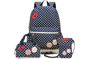 Bcony Conjunto de 3 Dot Lindo Las Mochilas Escolares Universidad/Bolsas Escolares/Mochila niños niñas Adolescentes + Mini Bolso + Bolso Crossbody,Azul Marino + Amarillo