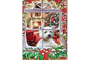askkqtx Christmas Diamond Art Kits for Adults,Christmas Dog by Window DIY 5D Round Full Drill Gem Art Kits for Beginner,Christmas Tree Diamond Dots Painting Kit for Home Wall Decor 12x16 Inch