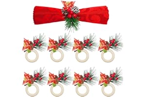 ANIEPAA Rond de Serviette Noel, 8 PCs Rond de Serviette de Table, Boucle de Serviette avec Pommes de Pin Poinsettia Décor pour Noël Thanksgiving Anniversaire Décoration de Table