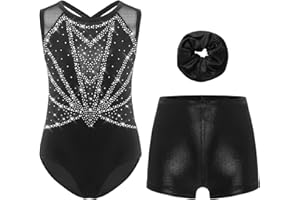 Xnihocha 3Pcs Mädchen Turnanzug Glitzer Gymnastikanzug Ärmellos Ballettanzug mit Shorts Kurze Hose und Stirnband Ballett Tanzkostüm