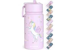 BEARFOOT Trinkflasche Kinder Edelstahl mit Strohhalm - Thermosflasche 400ml - BPA frei - auslaufsicher - Kleinkinder, Mädchen & Jungen Wasserflasche für Schule, Kindergarten (Lila - Einhorn)