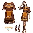 Sintege Women Native Costume Set Indian Maiden Native Princess Cosplay Dress Womens Indigenous American Costume with Vintage Indian Boho Carnival Accessories for Tribal Theme Party