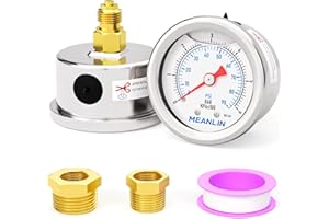 MEANLIN MEASURE 0-6 Bar/90PSI Acciaio inox 1/8"BSP 1,5"FACE DIAL, manometro riempito di glicerina, riempito di liquido, montaggio posteriore, con boccola esagonale 1/8"x 1/4"BSP e 1/8"x 3/8"BSP