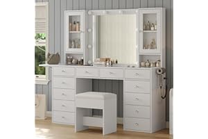 FUSOU Dressing Table with Mirror and LED Bulb Lights, Vanity Desk with 12 Drawers, 2 Cabinet, Fold-up Panel, Makeup Desk with chair for Bedroom, Transparent Glass Top, White