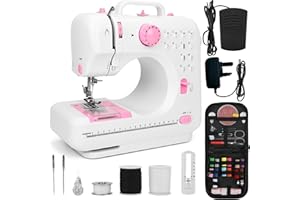 SHTALHST Mini Sewing Machine for Beginners, Small Stitching Machine with 12 Stitches Double-line Two-speed, Mini Sewing Kit, Reverse, UK power adapter, Foot pedal, Sew Buttons, Buttonholes, and zippers.