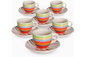 ALBALÙ Tazzine da Caffè con Piattino in Porcellana Colorate righe Servizio Completo da 6 Pezzi Linea Crazy Lavabile in Lavastoviglie