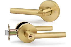 LOQRON Entry Door Handle with Lock and Keys, Round Design Heavy Duty Door Lever with Satin Brass Finish, Reversible for Left/Right Handed for Entrance and Front Door