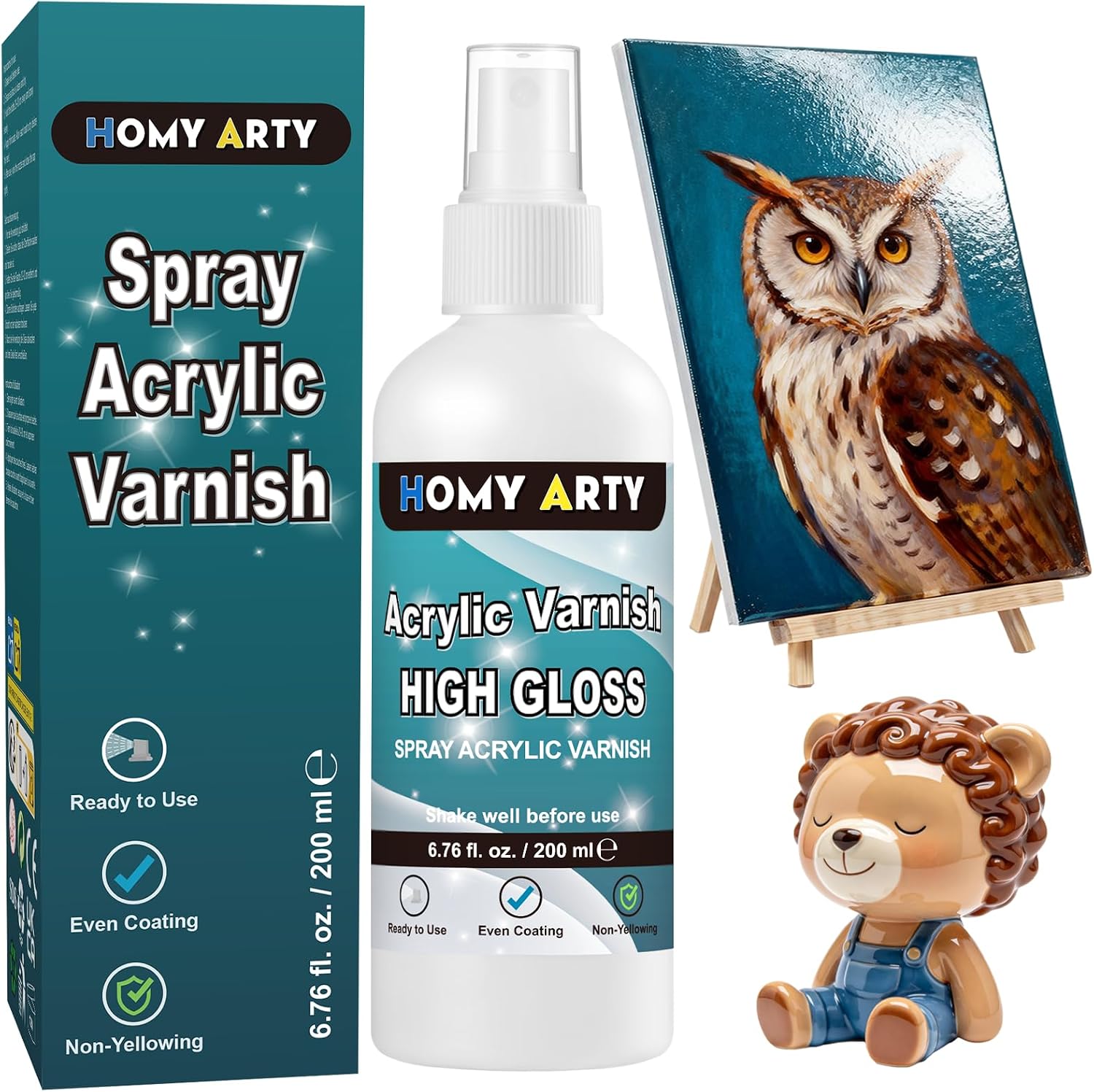 HOMY ARTY Barniz Acrílico en Spray, Barniz de Alto Brillo para Pintura Acrílica, Spray Transparente con Acabado Brillante para Protección Duradera, Listo para Usar en Arcilla y Obras de Arte, 200 ml
