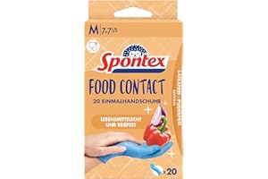 Spontex Food Contact, 20 jednorazowych rękawiczek z nitrylu, przeznaczone do kontaktu z żywnością, nie zawierają lateksu i bez pudru, rozmiar M (1 x 20 sztuk)