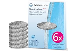 Lot de 6 disques filtrants en fibre de carbone – compatibles bouteilles et carafes – réduit jusqu’à 98% chlore, métaux lourds, impuretés – goût plus pur et agréable – Tylola PRO+