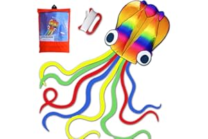 HONBO Cometa de pulpo suave arcoíris enorme para niños y audlts, cometa grande con cola larga y línea de 200 pies, cometas fáciles de volar para niños menores de 10 años