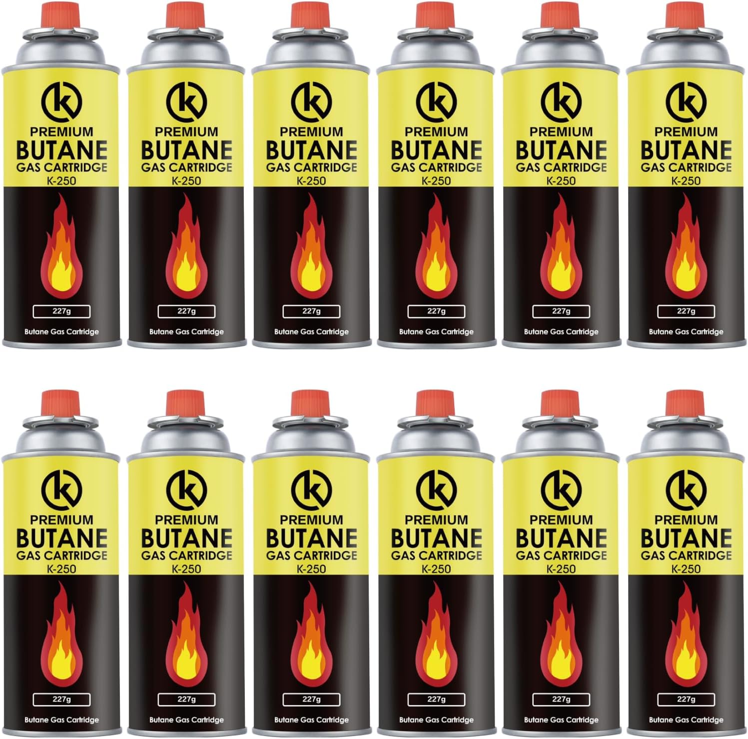 KROWN - Pack de Cartuchos K-250 de Gas Butano 227g para Hornillos Quemadores, Cartucho de Gas para Camping K-250, Bombonas para Sopletes (12 Unidades)