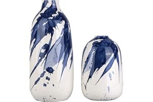 TERESA'S COLLECTIONS Ceramic Blue White Vases with Chinese Style Aquarelle, Set of 2 Glazed Handmade Decorative Vases for House Decoration Living Room Bedroom, 18cm/29cm