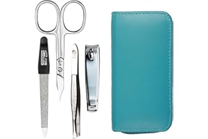 ‎SONNENSCHEIN BY HANS KNIEBES Maniküre Set 4 teilig Reise Etui - Nagelschere, Nagelknipser, Nagelfeile und Pinzette - Etui aus echtem Nappa-Lammleder - Maniküre und Pediküre (Türkis)