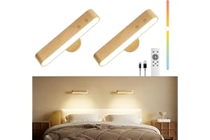 FULNIX Rechargeable Wood Battery Wall Sconces Set of Two,LED Wall Lights for Bedroom with Remote Control and Touch,360° Magnetic Rotation,3 Colors Dimmable Brightness Wall Lamps with 15 RGB Colors,2 Pack