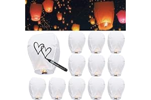 ZOKABOC 12 Packs Chinese Sky Lanterns to Release, Fire Resistant Paper Lantern for Memorial, Premium Quality ECO Friendly Biodegradable Flying Lanterns for Parties Supplies and Festivals, White