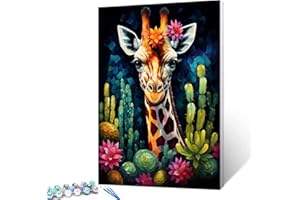 Tucocoo Kit de pintura de primer plano de jirafa por números, lienzo de 16 x 20 pulgadas, pintura al óleo para adultos con pinceles y pigmento acrílico, imagen abstracta de cactus para decoración del