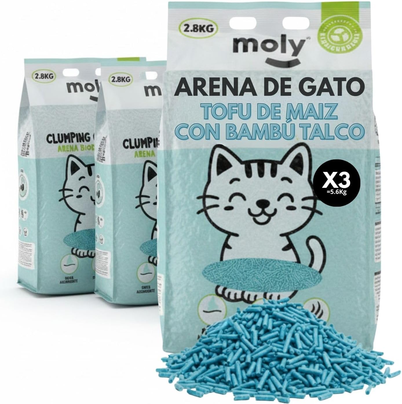 MOLY x3 Arena de Gatos Tofu de Maiz y Bambu 8,4 KG 11,1 L | Arena Biodegradable y Aglomerante Alta Absorcion con Aroma de Talco | Control Total de Olores | Sin Polvo | Lecho Mineral