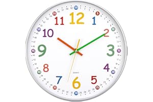 VINILITE Orologio da Parete per Bambini Orologio per la Camera da Letto, Adatto per la Scuola Quadrante Arcobaleno 30 cm (Argento - Numeri di colore)