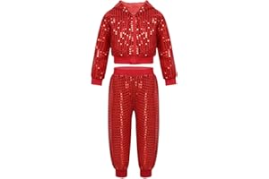 Agoky Conjunto de Danza Jazz Hiphop para Niñas con Lentejuelas Brillante Chaqueta Cremallera y Pantalones Brillante de Baile Moderno Disfraz de Baile