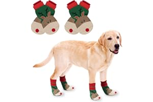 RANYPET Weihnachtssocken für Hunde 2 Paar – Indoor Anti-Rutsch Socken Weicher Verstellbarer Pfotenschutz für Alter Hund mit Riemen Traktionskontrolle für den Innenbereich auf Hartholzböden L
