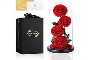 MAMAMIKO 4 Rosa Eternas en Cúpula de Crista, Flores Naturale, Rosa Eterna Natural Preservada, Ideas Rosas Naturales Regalos para Día de la Madre, Día de San Valentín, Aniversario, Mujer, Mamá, Novia(Roja)